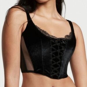 Victoria's Secret Lace Corset Bra Top Black Velvet Size Medium Sheer Back